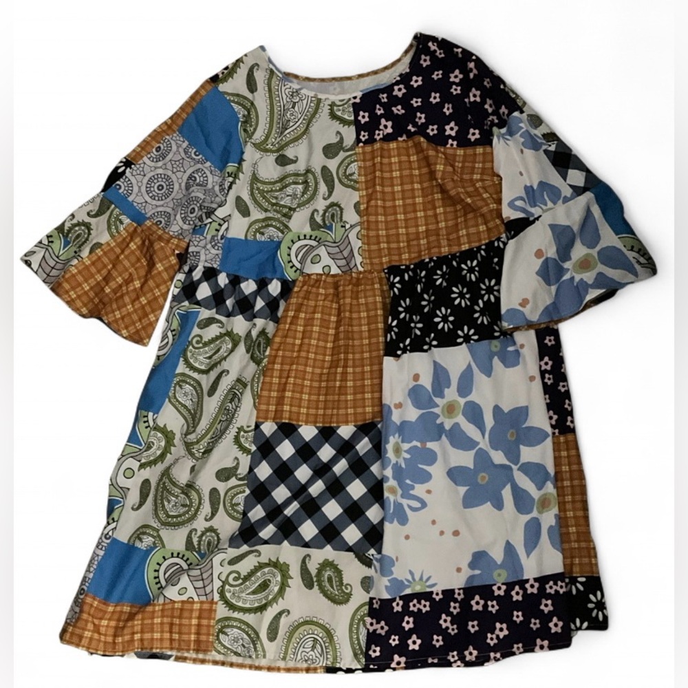 Paisley Patchwork Print 3/4 Sleeve Ruffle Blouse Boho Top Women’s Size XL